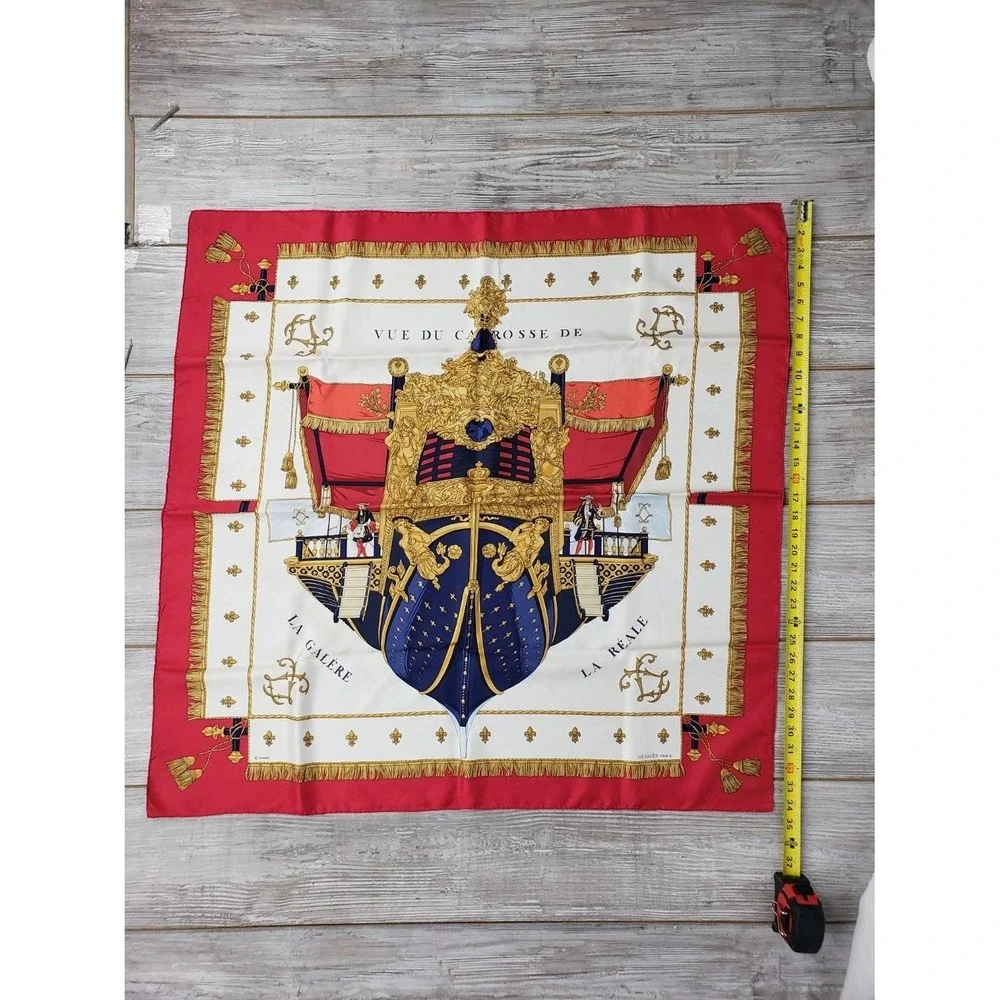 Hermès Vue du Carrosse de La Réale Silk Scarf 35x35 Red Navy Gold White